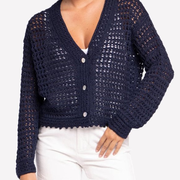 Vince Sweaters - Vince Women's 100% Organic Cotton Crochet Cardigan Sweater Navy Blue XL